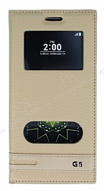 LG G5 Gizli Mknatsl Pencereli Gold Deri Klf
