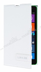 Microsoft Lumia 535 Gizli Mknatsl Yan Kapakl Beyaz Deri Klf