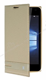 Microsoft Lumia 550 Gizli Mknatsl Yan Kapakl Gold Deri Klf