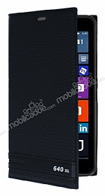 Microsoft Lumia 640 XL Gizli Mknatsl Yan Kapakl Siyah Deri Klf