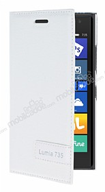 Nokia Lumia 735 Gizli Mknatsl Yan Kapakl Beyaz Deri Klf