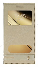 Samsung Galaxy C5 Gizli Mknatsl Pencereli Gold Deri Klf