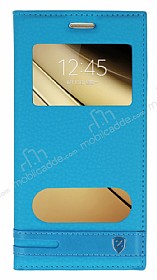 Samsung Galaxy C5 Gizli Mknatsl Pencereli Mavi Deri Klf
