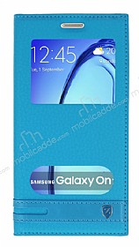 Samsung Galaxy On7 Gizli Mknatsl Pencereli Mavi Deri Klf