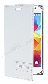 Samsung Galaxy Core Prime Gizli Mknatsl Yan Kapakl Beyaz Deri Klf