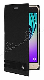Samsung Galaxy J3 Gizli Mknatsl Yan Kapakl Siyah Deri Klf