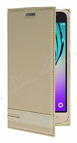 Samsung Galaxy J3 Gizli Mknatsl Yan Kapakl Gold Deri Klf