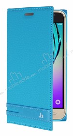 Samsung Galaxy J3 Gizli Mknatsl Yan Kapakl Mavi Deri Klf