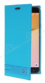 Samsung Galaxy J5 Prime Gizli Mknatsl Yan Kapakl Mavi Deri Klf