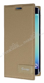 Samsung Galaxy S6 Edge Gizli Mknatsl Yan Kapakl Gold Deri Klf