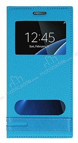 Samsung Galaxy S7 Edge Gizli Mknatsl Pencereli Mavi Deri Klf