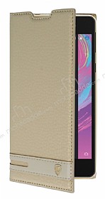 Sony Xperia E5 Gizli Mknatsl Yan Kapakl Gold Deri Klf
