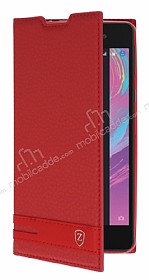 Sony Xperia E5 Gizli Mknatsl Yan Kapakl Krmz Deri Klf