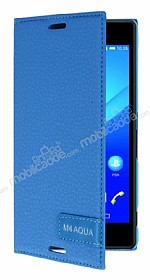 Sony Xperia M4 Aqua Gizli Mknatsl Yan Kapakl Mavi Deri Klf
