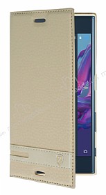Sony Xperia XZ Gizli Mknatsl Yan Kapakl Gold Deri Klf