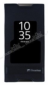 Sony Xperia Z5 Premium Gizli Mknatsl Pencereli Siyah Deri Klf