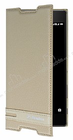 Sony Xperia Z5 Premium Gizli Mknatsl Yan Kapakl Krem Deri Klf