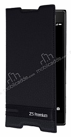 Sony Xperia Z5 Premium Gizli Mknatsl Yan Kapakl Siyah Deri Klf