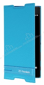 Sony Xperia Z5 Premium Gizli Mknatsl Yan Kapakl Mavi Deri Klf