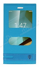 Vodafone Smart 7 Style Gizli Mknatsl Pencereli Mavi Deri Klf