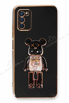 Eiroo Samsung Galaxy A03s Candy Bear Standl Siyah Silikon Klf
