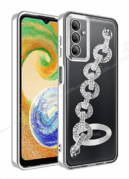 Eiroo Samsung Galaxy A14 4G Kamera Korumal Halka Zincirli Silver Silikon Klf