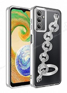 Eiroo Samsung Galaxy A24 4G Kamera Korumal Halka Zincirli Silver Silikon Klf