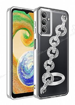 Eiroo Samsung Galaxy A34 Kamera Korumal Halka Zincirli Silver Silikon Klf