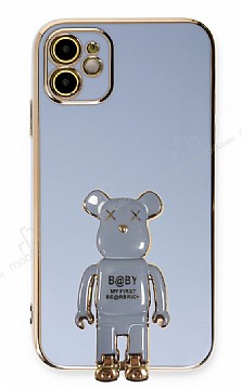 Eiroo iPhone 11 Baby Bear Standl Mavi Silikon Klf