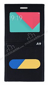Samsung Galaxy A9 Gizli Mknatsl ift Pencereli Siyah Deri Klf