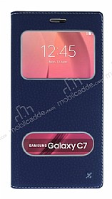 Samsung Galaxy C7 SM-C7000 Gizli Mknatsl ereveli Lacivert Deri Klf