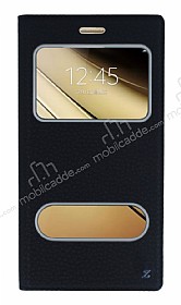 Samsung Galaxy C7 SM-C7000 Gizli Mknatsl ift ereveli Siyah Deri Klf