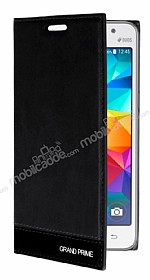 Samsung Galaxy Grand Prime / Prime Plus Gizli Mknatsl Yan Kapakl Siyah Deri Klf
