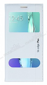 Samsung Galaxy S6 Edge Plus Gizli Mknatsl ift Pencereli Beyaz Deri Klf