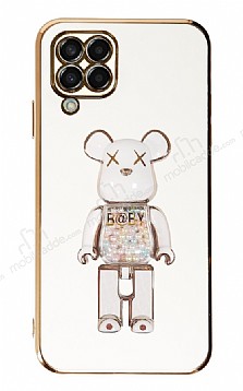 Eiroo Samsung Galaxy M22 Candy Bear Standl Beyaz Silikon Klf