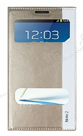 Samsung N7100 Galaxy Note 2 Gizli Mknatsl Pencereli Gold Deri Klf