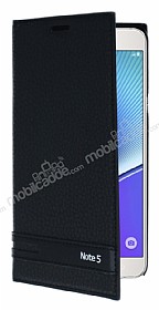 Samsung Galaxy Note 5 Gizli Mknatsl Yan Kapakl Siyah Deri Klf