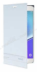 Samsung Galaxy Note 5 Gizli Mknatsl Yan Kapakl Beyaz Deri Klf