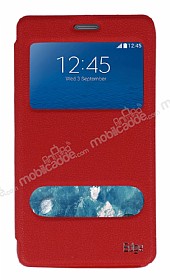 Eiroo Samsung Galaxy Note Edge Vantuzlu Pencereli Krmz Deri Klf