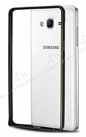 Eiroo Samsung Galaxy On7 Gold izgili Round Metal Bumper ereve Siyah Klf