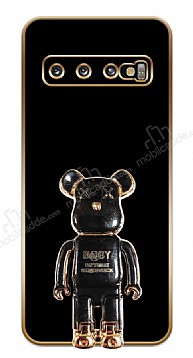 Eiroo Samsung Galaxy S10 Baby Bear Standl Siyah Silikon Klf