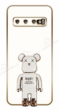 Eiroo Samsung Galaxy S10 Baby Bear Standl Beyaz Silikon Klf