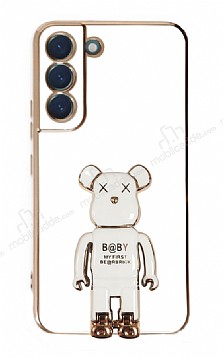 Eiroo Samsung Galaxy S21 FE 5G Baby Bear Standl Beyaz Silikon Klf