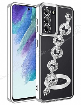 Eiroo Samsung Galaxy S21 FE 5G Kamera Korumal Halka Zincirli Silver Silikon Klf