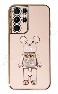 Eiroo Samsung Galaxy S21 Ultra Candy Bear Standl Pembe Silikon Klf