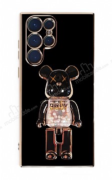 Eiroo Samsung Galaxy S22 Ultra 5G Candy Bear Standl Siyah Silikon Klf