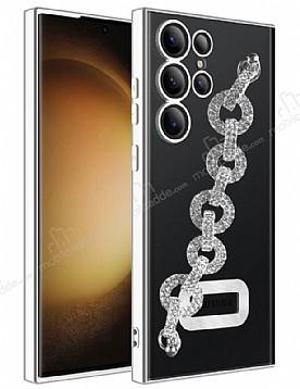 Eiroo Samsung Galaxy S23 Ultra Kamera Korumal Halka Zincirli Silver Silikon Klf