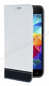Samsung Galaxy S5 mini Gizli Mknatsl Standl Beyaz Deri Klf