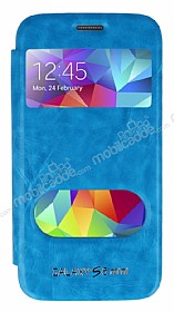 Eiroo Samsung Galaxy S5 mini Vantuzlu Pencereli Mavi Deri Klf