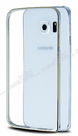 Eiroo Samsung Galaxy S6 Edge Gold izgili Round Metal Bumper ereve Silver Klf